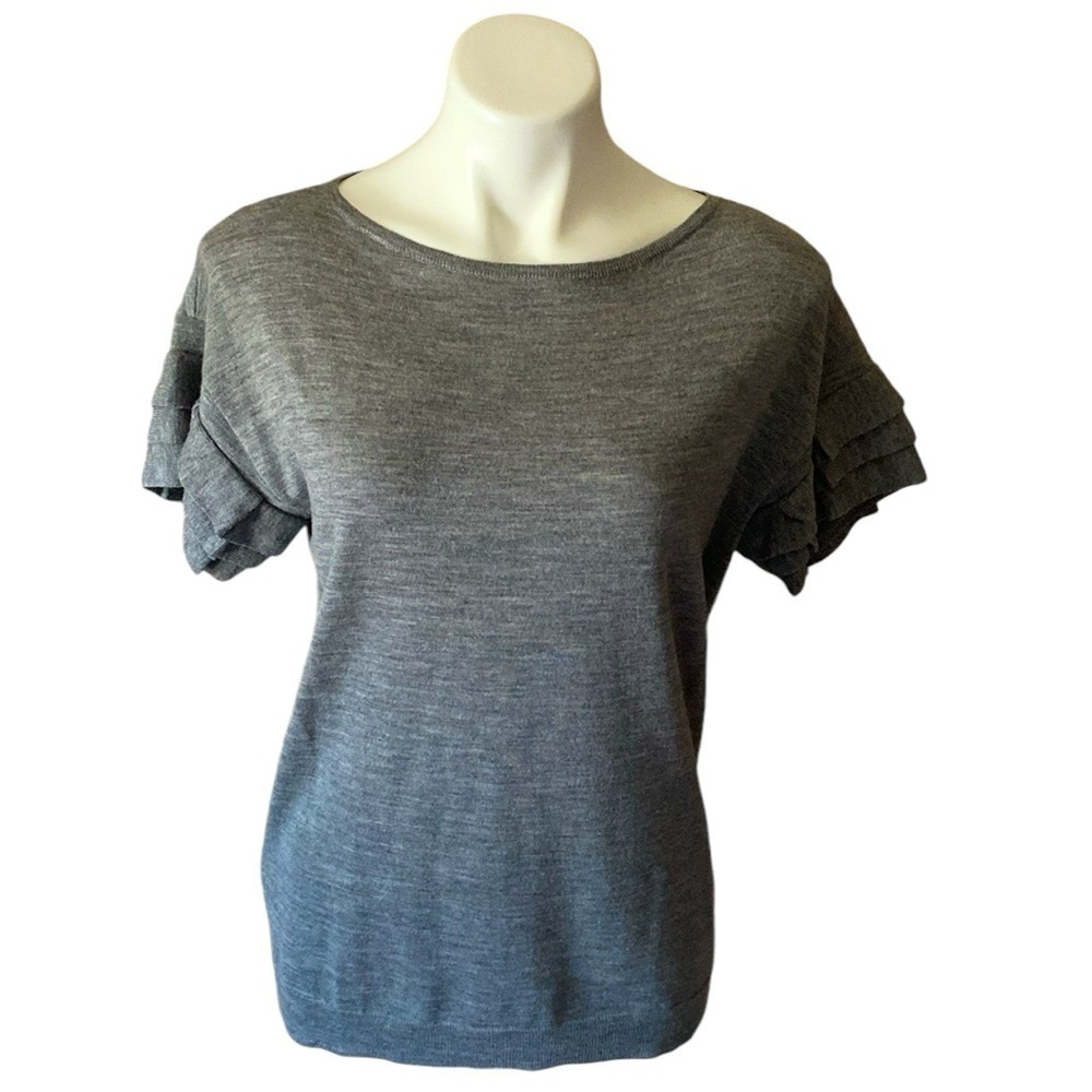 Ann Taylor Gray Ruffled Short Sleeve 100% Extrafine Merino Wool Blouse Career